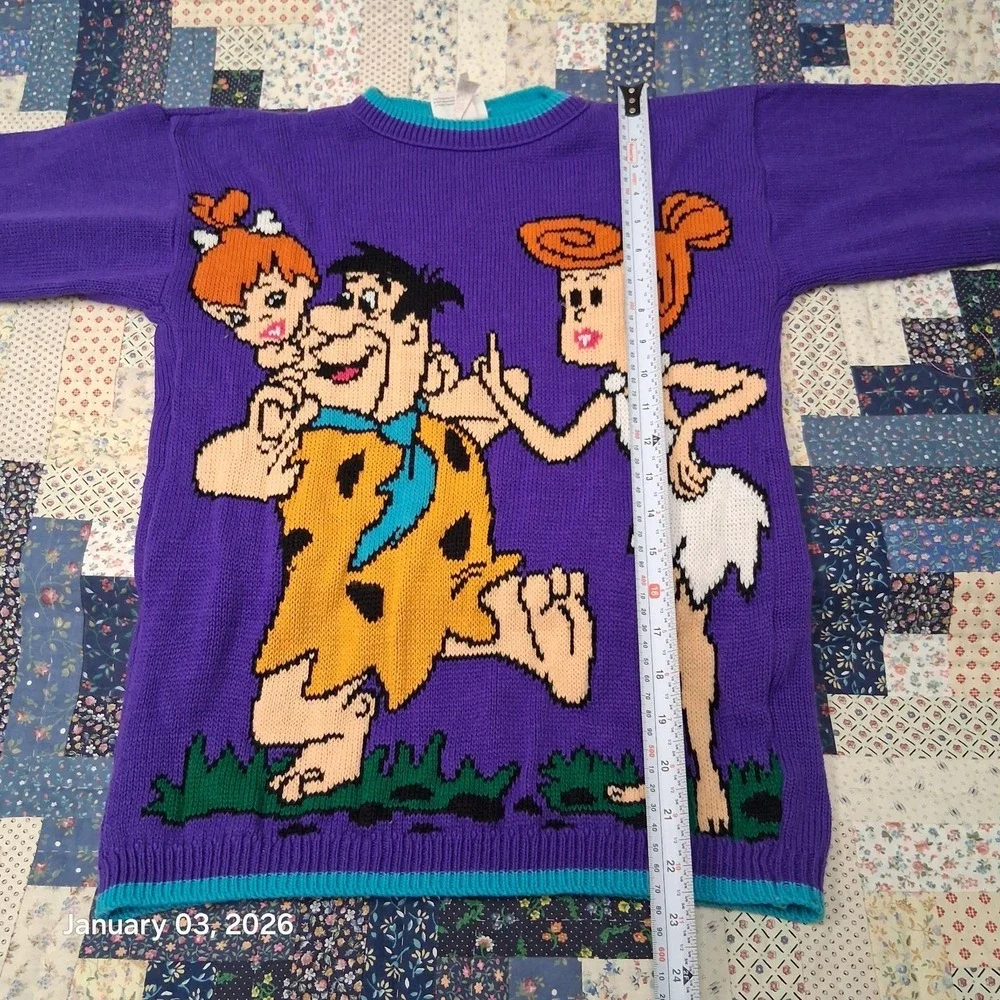 Vintage Flintstones Knit Sweater Teen Size Large 14 Purple Fred Wilma Pebbles